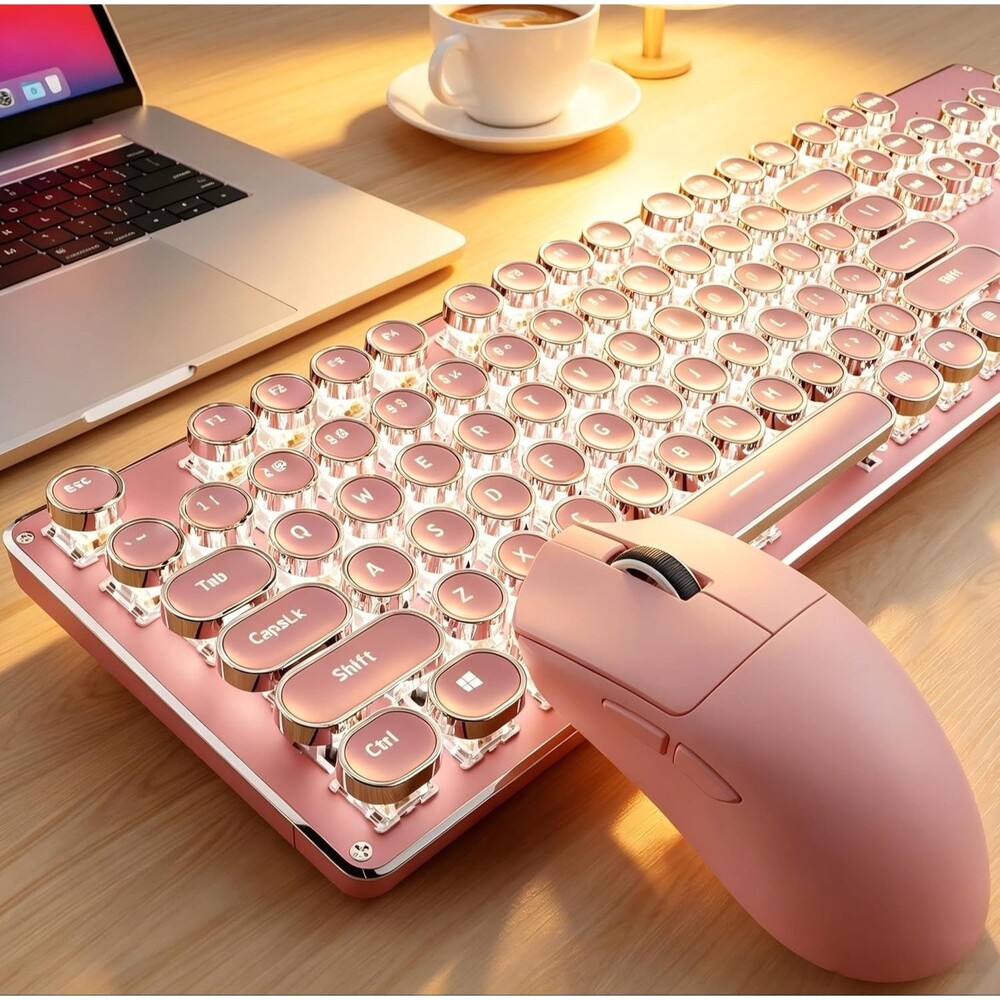 Wireless Keyboard and Mouse Combo, White Backlit Typewriter - Pink
